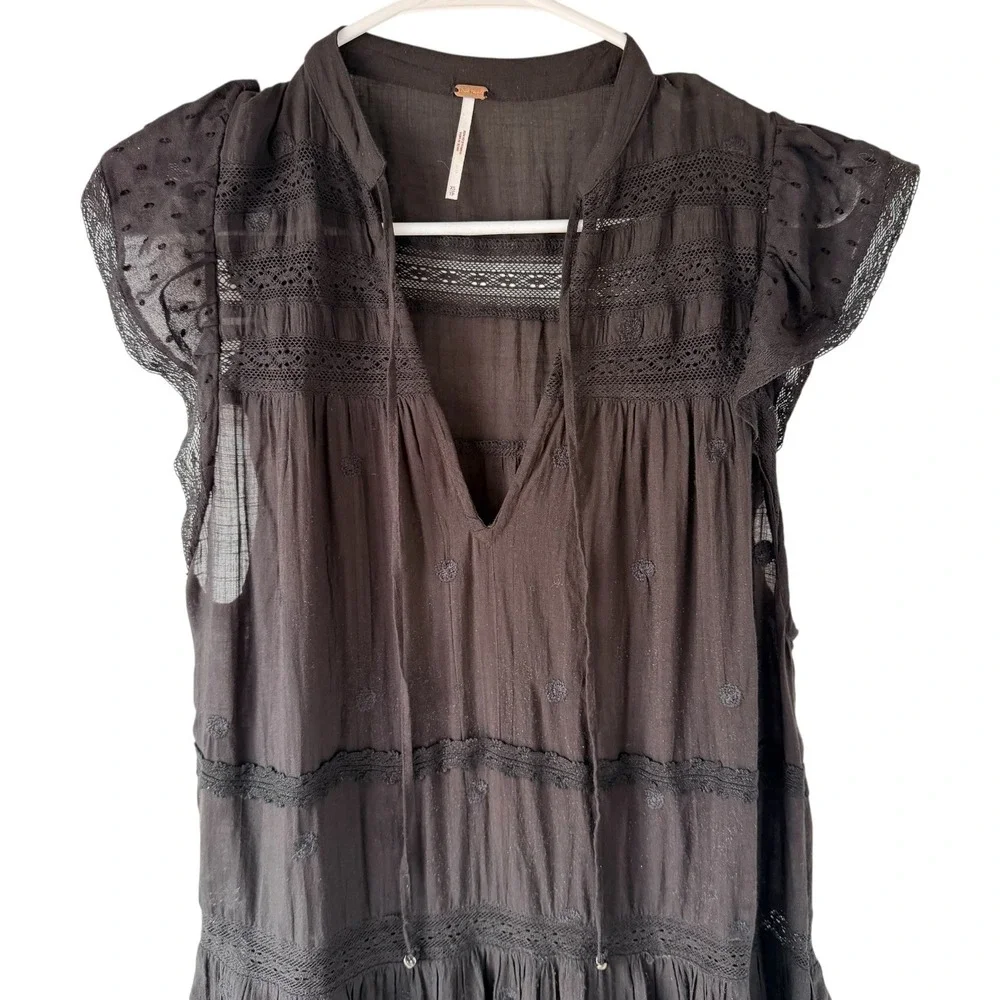 Free People Midnight Midi Dress XS Black Sheer Layered Tier Boho Maxi WhimsyGoth